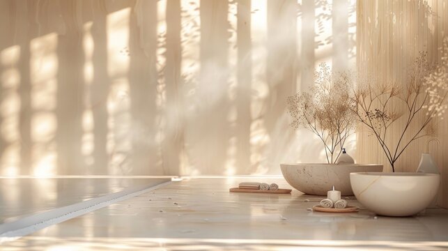 A website hero image for a luxury spa, where the spa's tranquil setting is viewed through a glass blur shape, against a serene, soft color background.