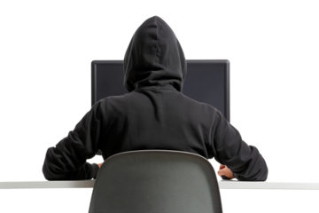 A hacker sitting in front of a computer screen, back, isolated on a transparent background, Generative AI