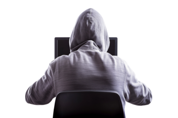A hacker sitting in front of a computer screen, back, isolated on a transparent background, Generative AI