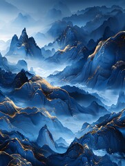 Clear and Precise Chinese Ink Painting: Gold and Blue Mountains on Black