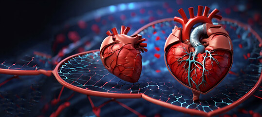  Heart with coronary vessels and ECG, illustration Human heart with metal cogs generative by ai,...