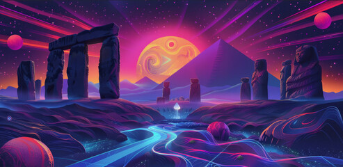 Artistic illustration merging ancient wonders like Stonehenge, the Pyramids of Giza, with a flowing energy path symbolizing the spiritual connection between sacred places.