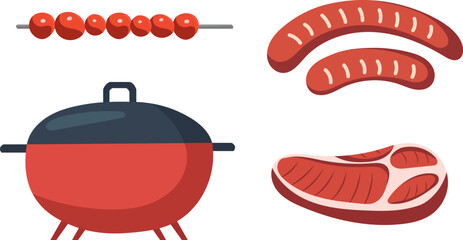 steak, cauldron, sausages in flat style, on a white background vector