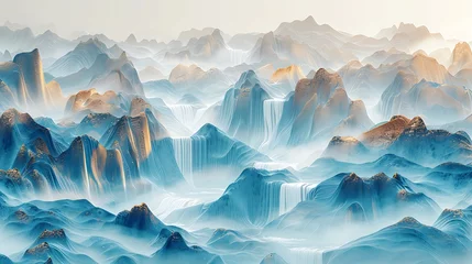  Serene Chinese Landscape: Mountains, Waterfalls, Blue Gradient, Bright Gold Elements © Muhammad
