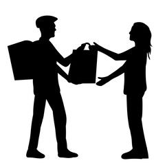 courier handing over order silhouette, on white background vector