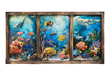 beautiful framed painting with a fantastic underwater world isolated on a transparent background, Generative AI