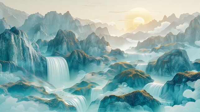 Mountainous Chinese Landscape: Waterfalls, Blue Gradient, Bright Gold, Minimalist Style