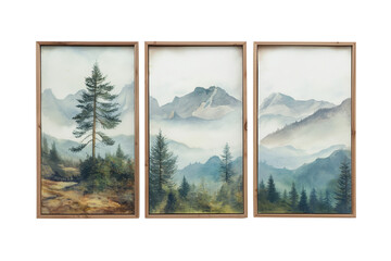 3 beautiful framed paintings with mountains isolated on transparent background, Generative AI