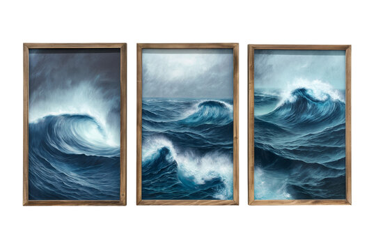 3 beautiful framed paintings with stormy sea isolated on transparent background, Generative AI