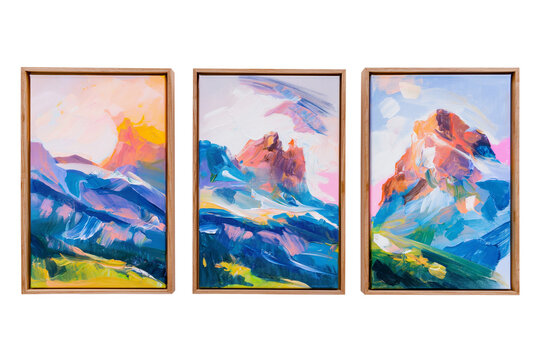 3 beautiful framed paintings with mountains isolated on transparent background, Generative AI