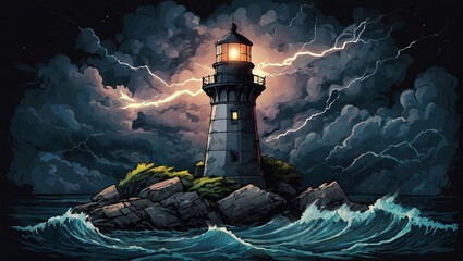 illustration of lighthouse at sunset in stormy weather - obrazy, fototapety, plakaty