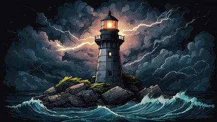 Fotobehang illustration of lighthouse at sunset in stormy weather © wonderland