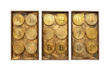 3 beautiful framed paintings with bitcoins isolated on a transparent background, Generative AI