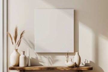 Square canvas hanging on a white wall empty and pure The bottom is decorated with modern vases. Bathed in golden light