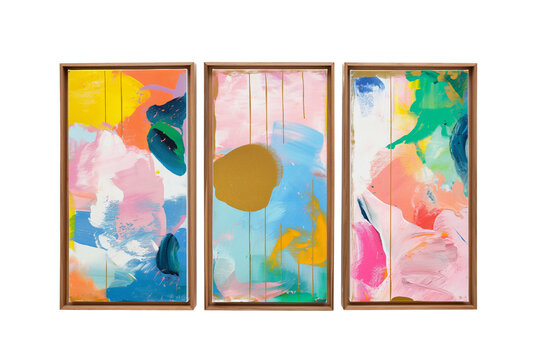 3 beautiful framed colorful paintings isolated on transparent background, Generative AI