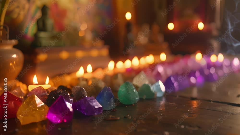 Poster a row of colorful crystals and stones each with their own specific healing properties p in front of 