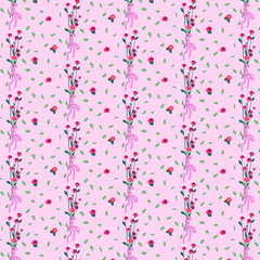 Pink seamless pattern with wild flowers. Spring floral background in retro style. Decorated backdrop for wallpaper and fabric with a bouquet. For bed linen, fabric and clothing. Vector illustration