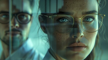 Intense portrait of a woman with glasses, with a man's reflection on glass surface, conveying mystery and contemplation.