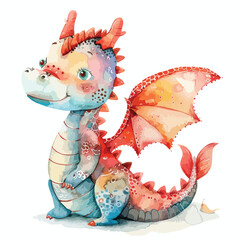 Watercolor colorful cute baby dragon on white background