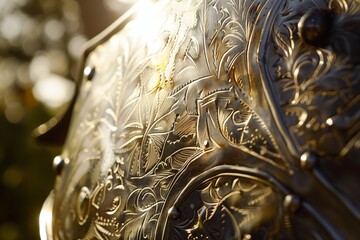 detailed etching on a metal greave in sunlight