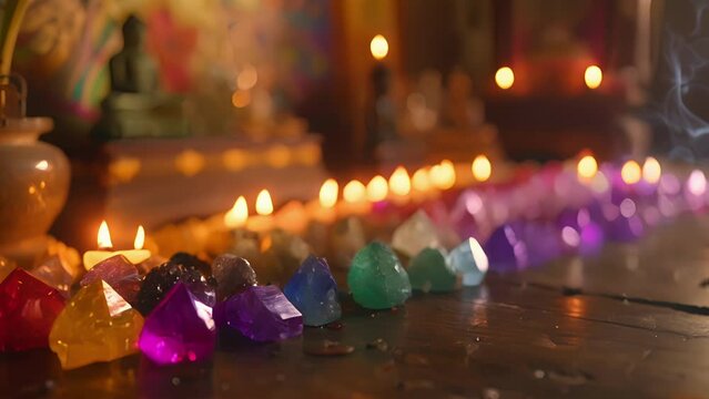 A row of colorful crystals and stones each with their own specific healing properties p in front of a meditation altar adorned with candles and incense.