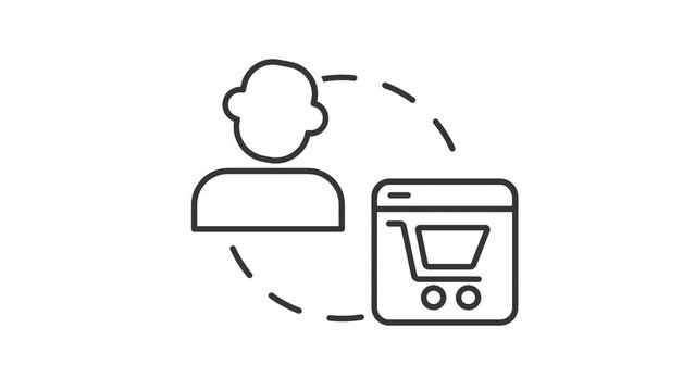 Ecommerce user line animation. Virtual shopping animated icon. Shaking head, rolling wheels. Internet retail. Black illustration on white background. HD video with alpha channel. Motion graphic