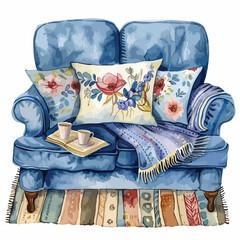 Watercolor Cozy Couch clipart isolated on white background