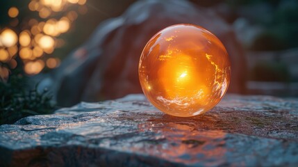 Crystal ball glowing with warm light on a rocky surface at dusk, with a blurred natural background. - obrazy, fototapety, plakaty
