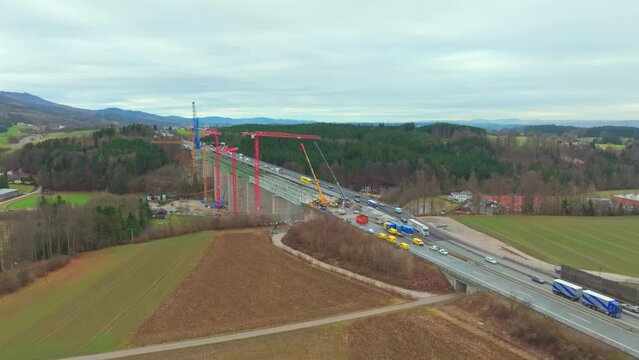 A1 Motorway In Aurach Bridge Under Construction In Regau, Austria. - aerial shot
