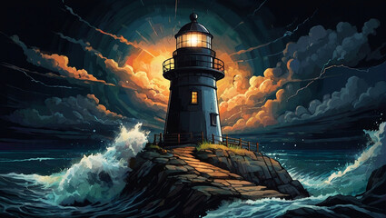 illustration of lighthouse at sunset in stormy weather