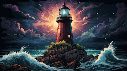 Fotobehang illustration of lighthouse at sunset in stormy weather © wonderland