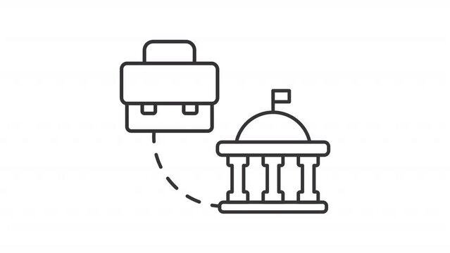 B2G ecommerce line animation. Business to government animated icon. Roof raise, briefcase opening. Black illustration on white background. HD video with alpha channel. Motion graphic