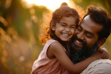Fototapeta premium Father's day. Daughter hugging dad and laughs on holiday. Indian family. A moment portraying the genuine happiness and connection between a daughter and her father