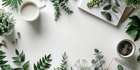 Flat lay of a minimalist desk with coffee, plants, and office supplies on a white background.