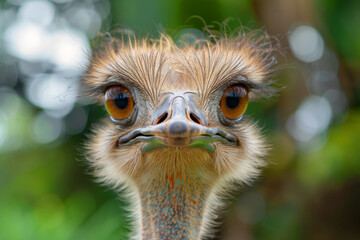 A close up of an ostrich's face with a fuzzy look. The bird's eyes are open and it has a mouth full of food. close up of an ostrich