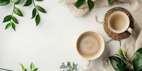 Flat lay with two cups of coffee, green leaves, and a cozy scarf on a white background.
