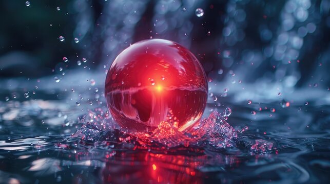 Glowing red orb on wet surface with water splashes and bokeh background.