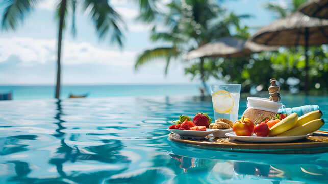Healthy breakfast in swimming pool with fruits and juice on table ,Floating breakfast set in tray with fried egg omelette sausage ham bread fruit milk juice coffee and other around swimming pool

