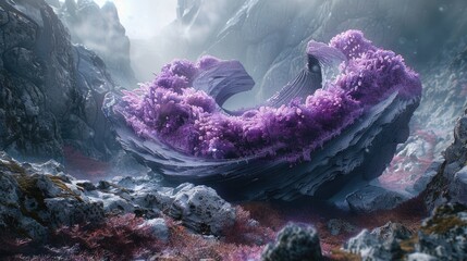 Mystical landscape with a large, purple crystalline structure in the shape of a loop amidst foggy mountains.