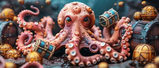 A whimsical 3D illustration of a pirate octopus amidst treasure and marine life on the ocean floor.
