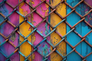 close up horizontal image of colourful ruined wooden and metallic fence background - obrazy, fototapety, plakaty