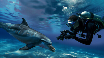 A diver and dolphins sharing a moment of connection, mutual curiosity and playfulness. 