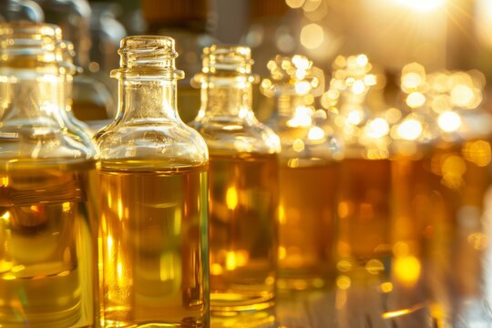 closeup of glass bottles filled with golden essential oils with sunlight behind