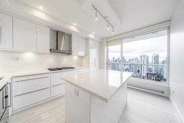 Fototapeta na wymiar White kitchen monochromatic interior with sleek countertops and cabinets, stainless steel appliances, and a panoramic view of the bustling cityscape with skyscrapers through a large window.