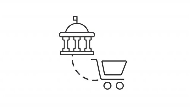 G2B ecommerce model line animation. Regulation legislation animated icon. Rolling wheels, floor raise. Black illustration on white background. HD video with alpha channel. Motion graphic