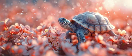 Foto op Canvas A determined turtle in a racing suit, about to cross a finish line made of flowers, in a dreamy watercolor landscape , 3D illustration © PTC_KICKCAT