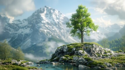 Obraz premium Lone tree on a lush hill with snowy mountain backdrop and clear blue sky.