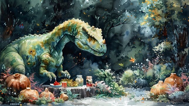 A dinosaur doctor in a gown, crafting herbal remedies in a lush, prehistoric garden, depicted in soft watercolors , Watercolor