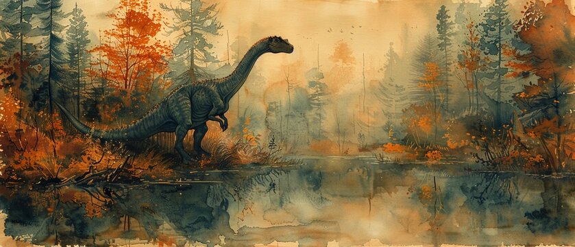 A dinosaur doctor, wearing a traditional gown, walks through an ancient forest, rendered in sweeping watercolors , Watercolor