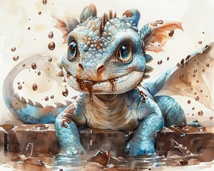 A dragon, frolicking in a creamy chocolate bath, with watercolor painted chocolate drops gently falling from above , Watercolor - obrazy, fototapety, plakaty
